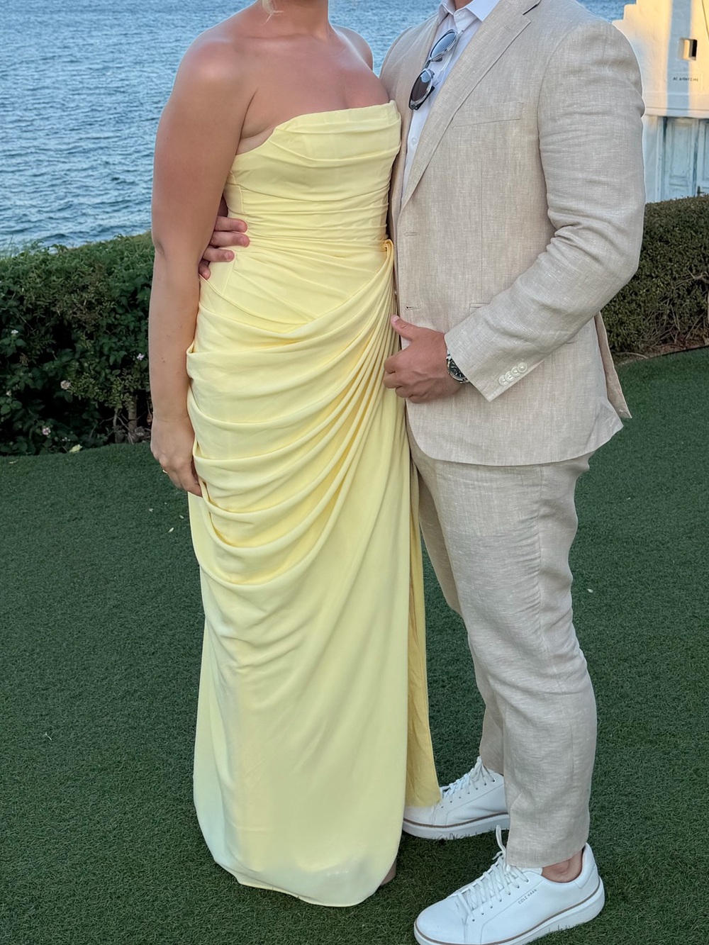 Strapless Pale Yellow Draped High-Slit Evening Gown - Picture 3 of 4